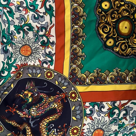 Chinese Scarf, 40"x40" Square Scarf with Dragons and flowers, Silk Scarf - Picture 1 of 5